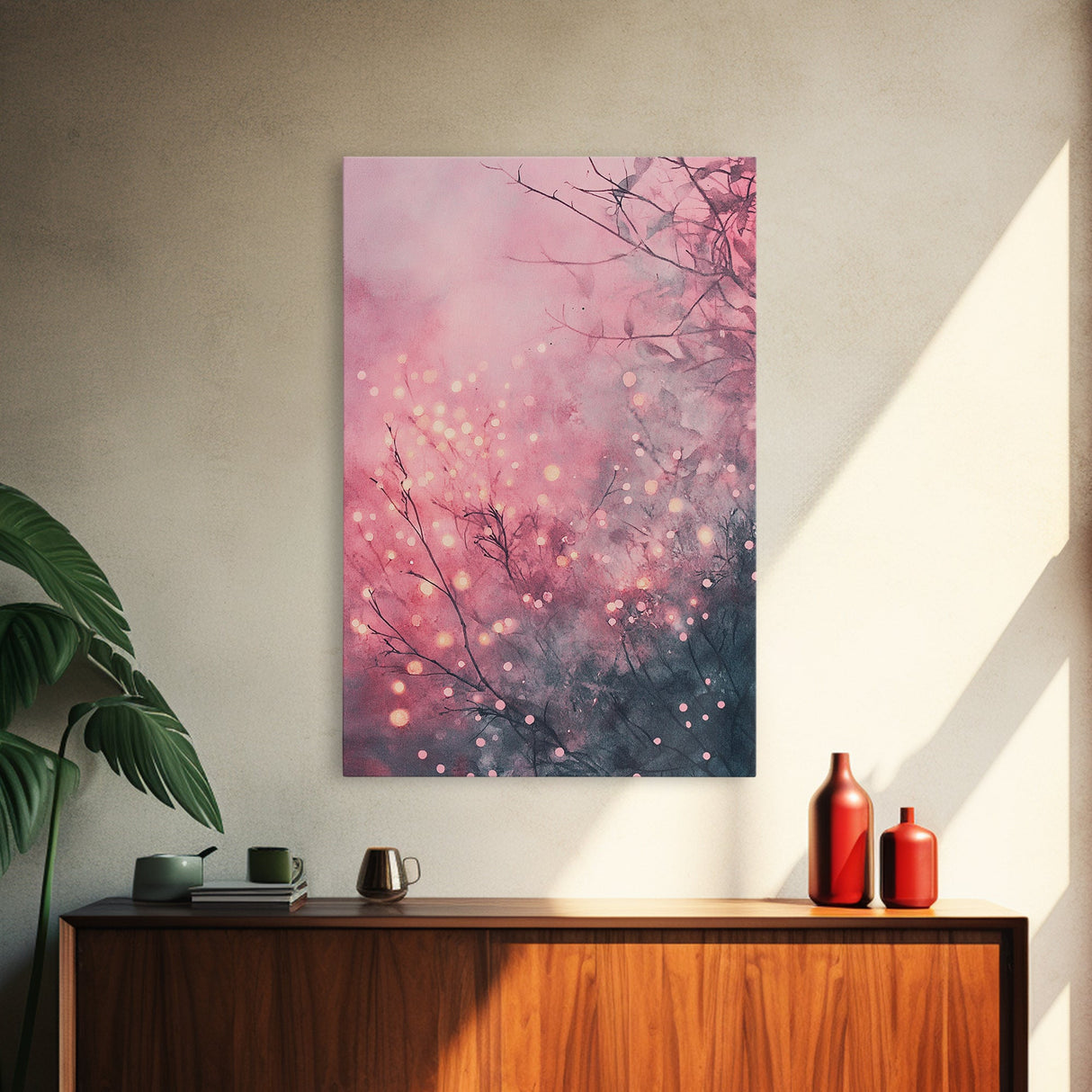 Soft Pink Glow Framed Canvas Print | Cherry Blossom Painting | Light Pink Wall Art | Wabi Sabi Art | Above Sofa Decor | Living Room Art