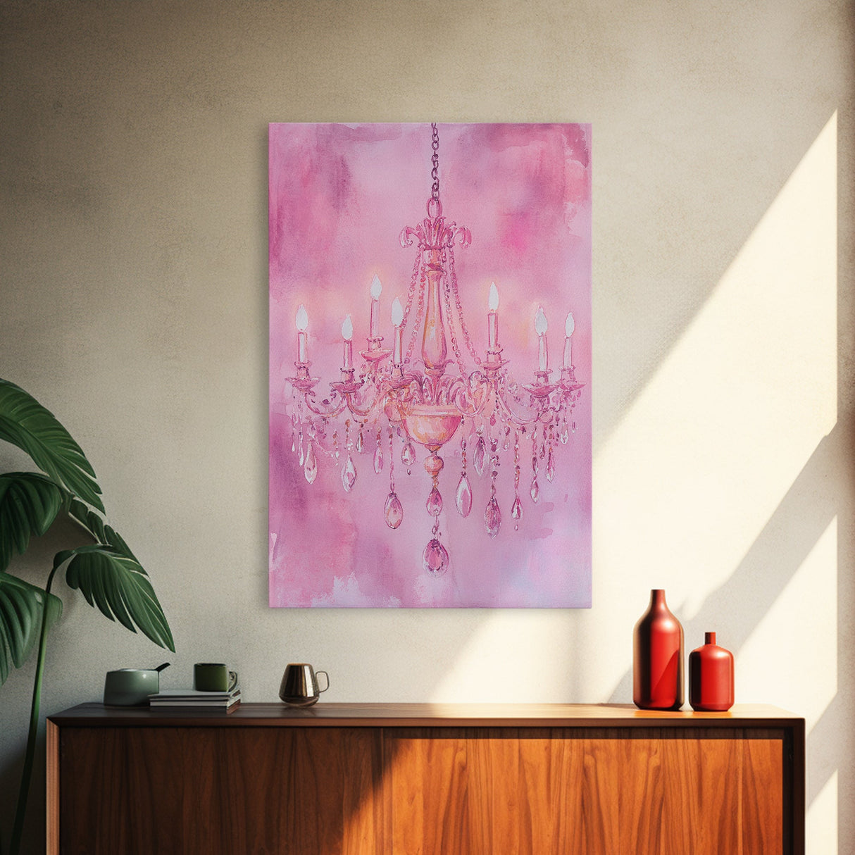 Elegant Pink Chandelier Canvas Print | Romantic Light Wall Art | Rustic Wall Decor | Bedroom Accent | Above Sofa Art | Farmhouse Vibe