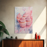 Pink frosted cupcake painting on framed canvas print, whimsical art, food review kitchen art, living room art, guest room decor