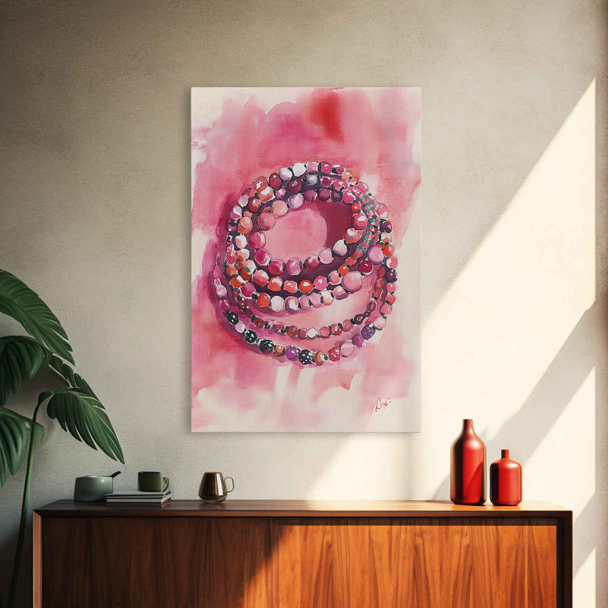 Vibrant gemstone bracelet painting with framed canvas print, gemstone painting, pink abstract art, moody art, living room decor