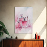 Elegant Pink Perfume Bottles Framed Canvas Print, Feminine Bathroom Art Light Pink Decor, Whimsical Gift Idea for Her Room