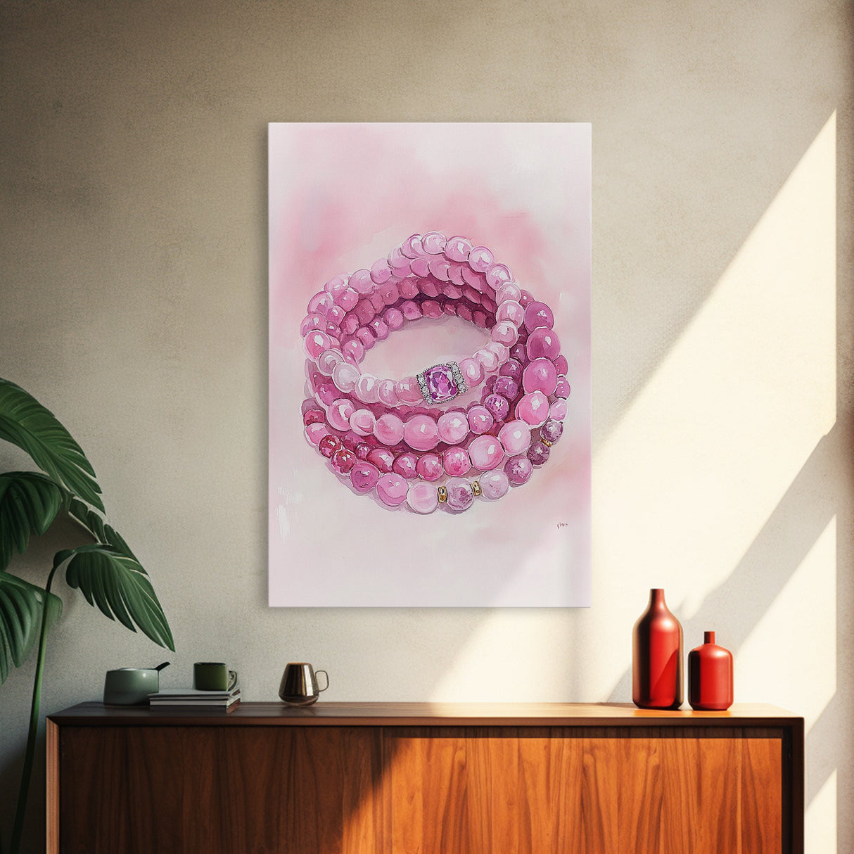 Pink Gemstone Bracelet Painting Framed Canvas Print, Whimsical Jewelry Art Light Pink Decor, Feminine Bedroom or Gift Aesthetic