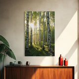 Morning Sunlight Birch Tree Art Canvas Print Natural Landscape Gift Rustic Farmhouse Vertical Artwork Home Decor Above Bed
