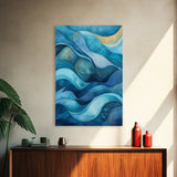 Flowing Blue Waves Canvas Print Modern Coastal Art Abstract Zen Decor Nautical Wall Gift Idea Bedroom Calm Artwork Design