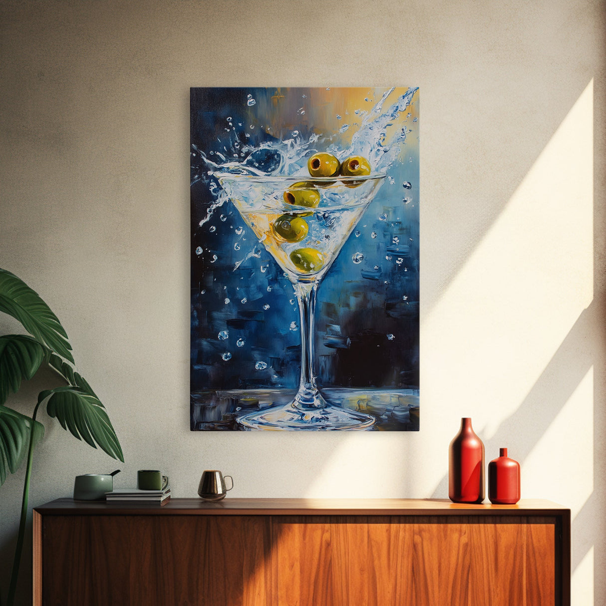 Elegant Olive Martini Framed Canvas Print with Vibrant Cocktail Art for Living Room or Kitchen, Rustic Home Decor