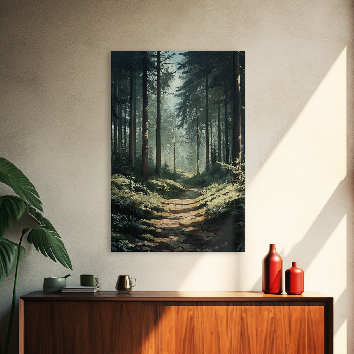 Forest Path Landscape Framed Canvas Print with Pine Tree Art, Rustic Decor and Serene Nature Above Sofa Artwork
