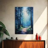 Enchanting Forest Canvas Print, Moody Blue Landscape Painting with Pine Tree Art, Above Sofa Rustic Wall Artwork