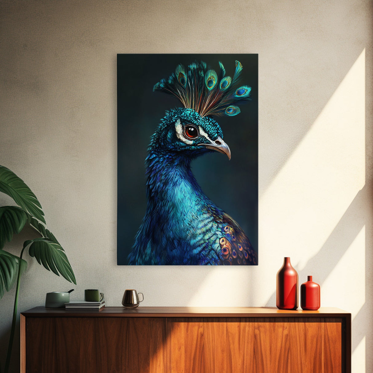 Vibrant Peacock Portrait Framed Canvas Print | Bold Peacock Wall Art | Tropical Bird Painting | Exotic Animal Art | Gift Idea