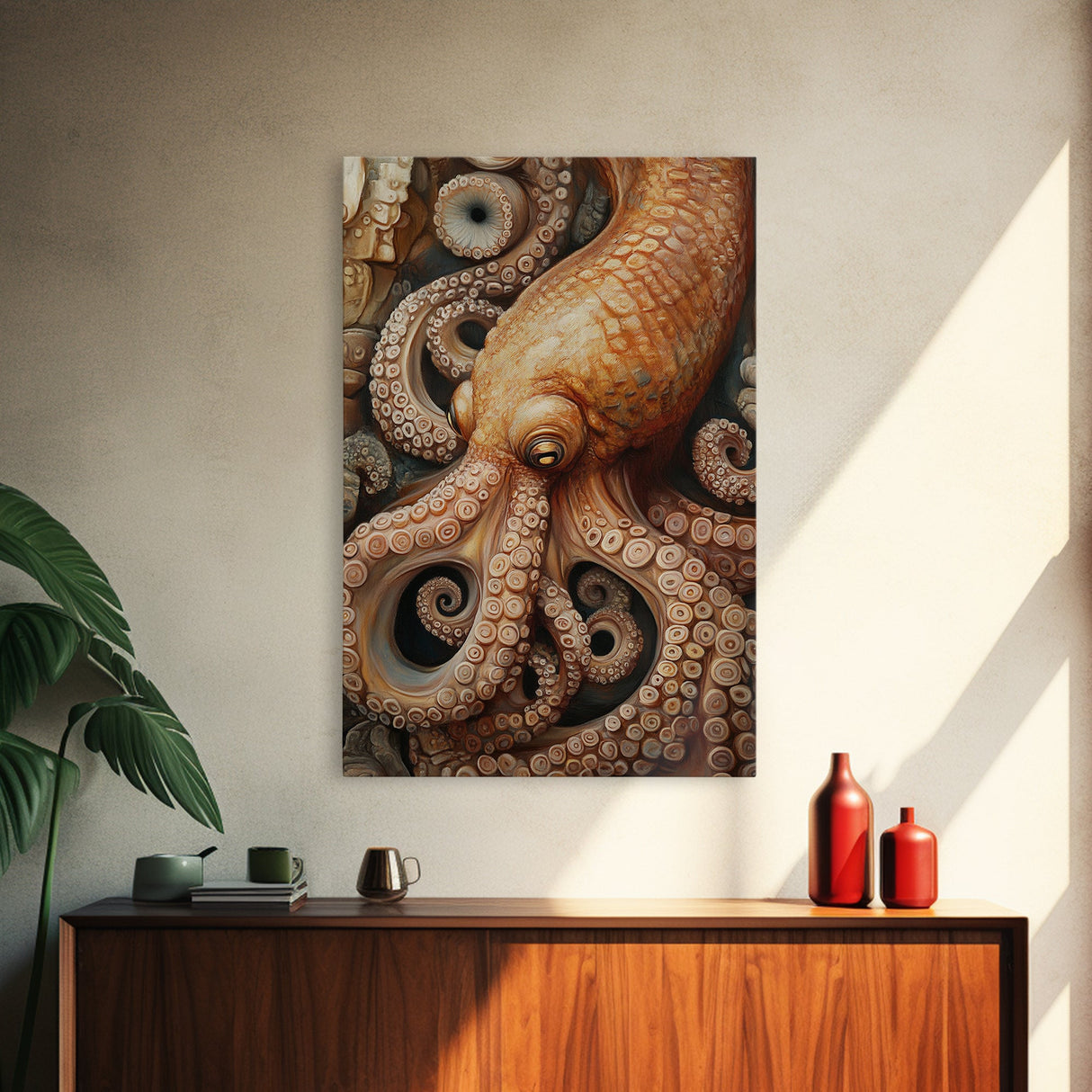 Octopus Tentacles Framed Canvas Print | Coastal Decor Ocean Art | Nautical Wall Art Above Sofa | Whimsical Octopus Painting Artwork