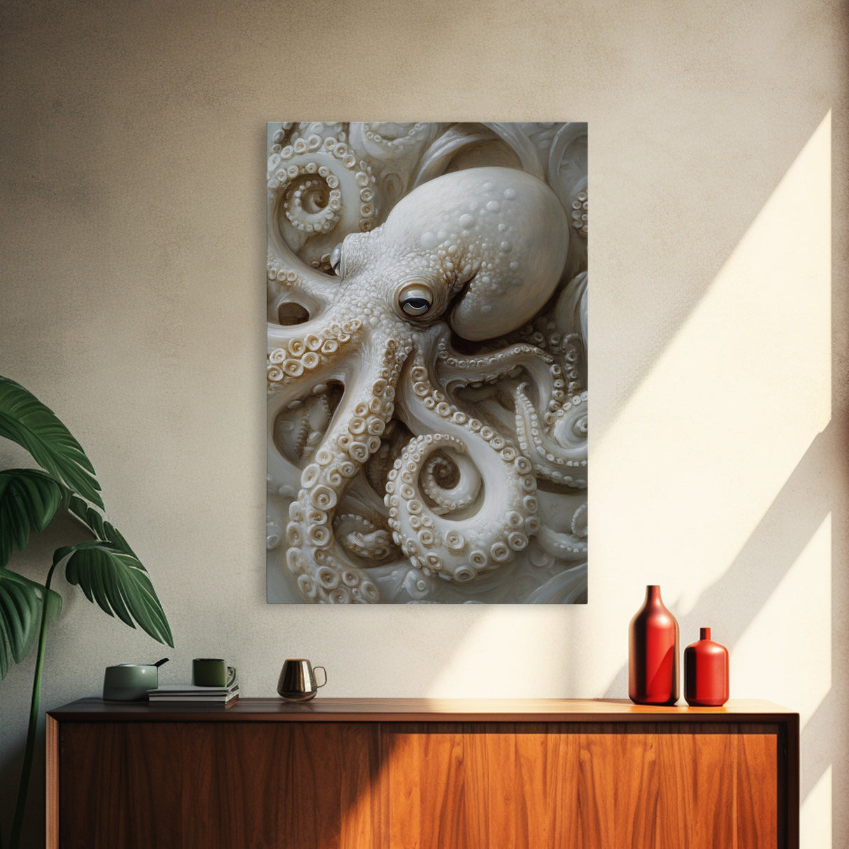 Octopus Art Framed Canvas Print with Intricate Nautical Decor and Ocean-Inspired Details, Rustic Coastal Wall Art Perfect Gift Idea