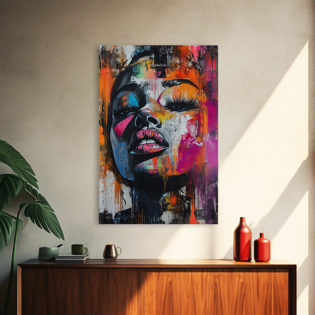 Vibrant Abstract Face Framed Canvas Print, Moody Woman Wall Art, Boho Living Room Decor, Gift Idea for Her, Unique Rustic Art