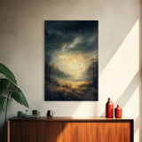 Landscape Painting Framed Canvas Print Featuring Sunset Over Autumn Forest with Dark Romantic Smoky Mountain Art and Rustic Decor
