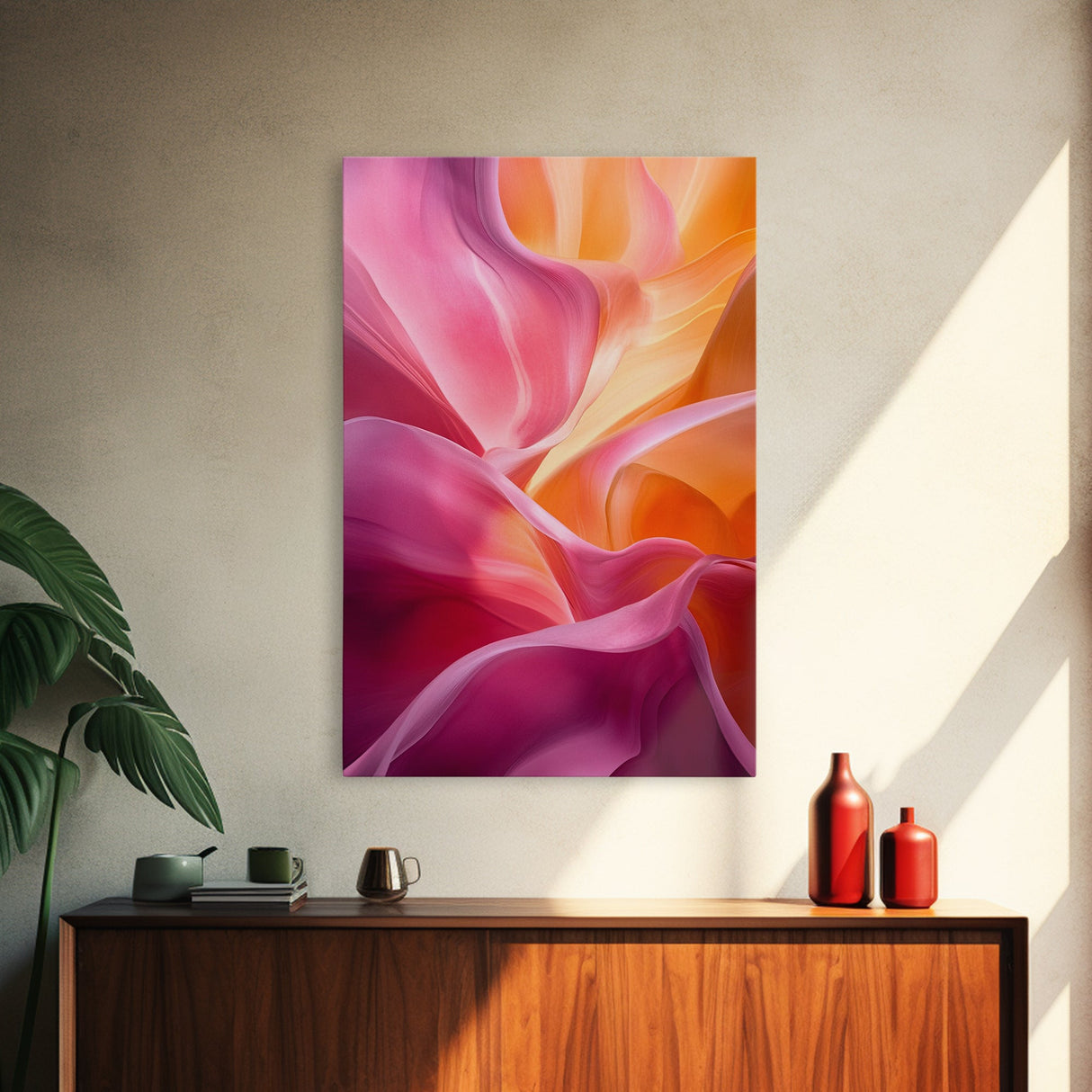 Fluid Pink Orange Canvas Print Featuring Bright Abstract Art Nouveau Style, Perfect Living Room Wall Art and Wabi Sabi Aesthetic