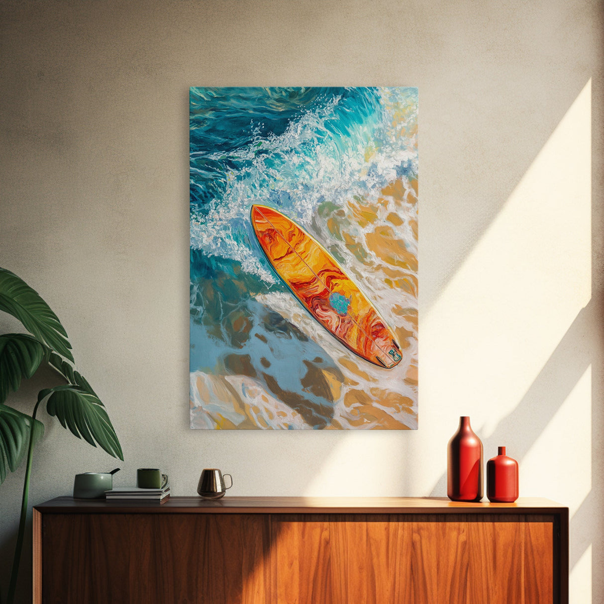 Surfboard Ocean Canvas Print with Coastal Landscape Art and Nautical Beach Decor for Summer Living Room or Bedroom Wall
