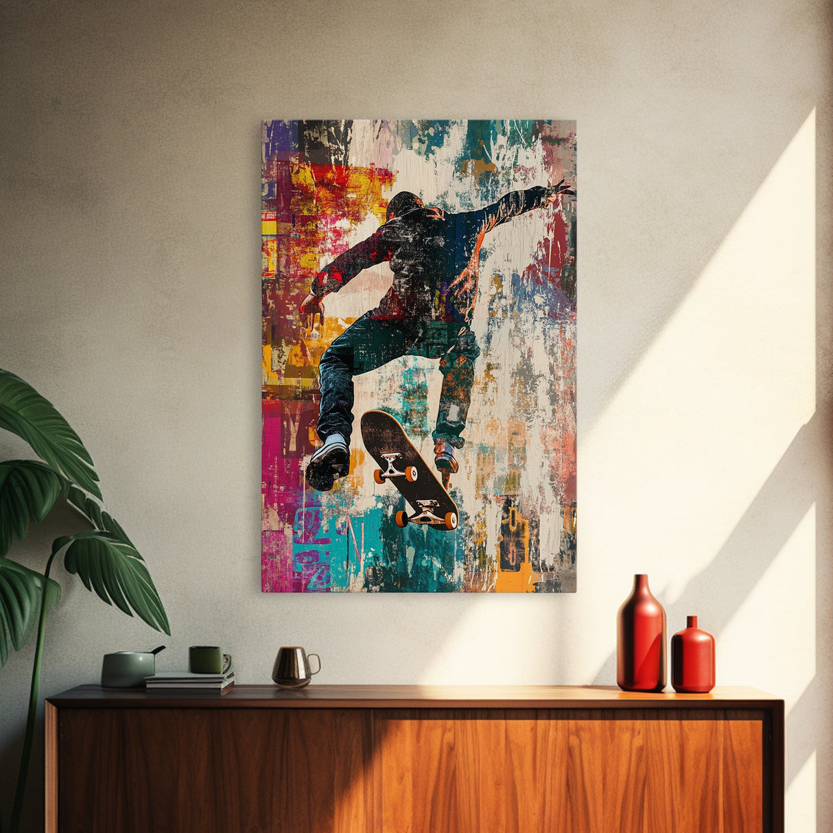 Urban Skater Canvas Print with Graffiti Wall Art and Street Style Design, Perfect for Modern Chicano Art Inspired Decor