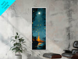 Moonlit Campfire, forest at dusk painting, moody art, rustic decor, vertical wall art, boho art, Canvas Print