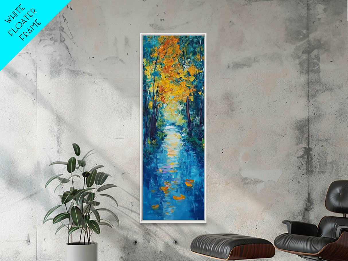 Autumn Reflection, fall painting, birch tree art, mountain painting, rustic wall art, panoramic art, Framed Canvas Print