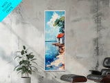 Lakeside Cabin, coastal landscape art, nautical decor, rustic art, beach house wall art, above bed wall art, Framed Canvas Print