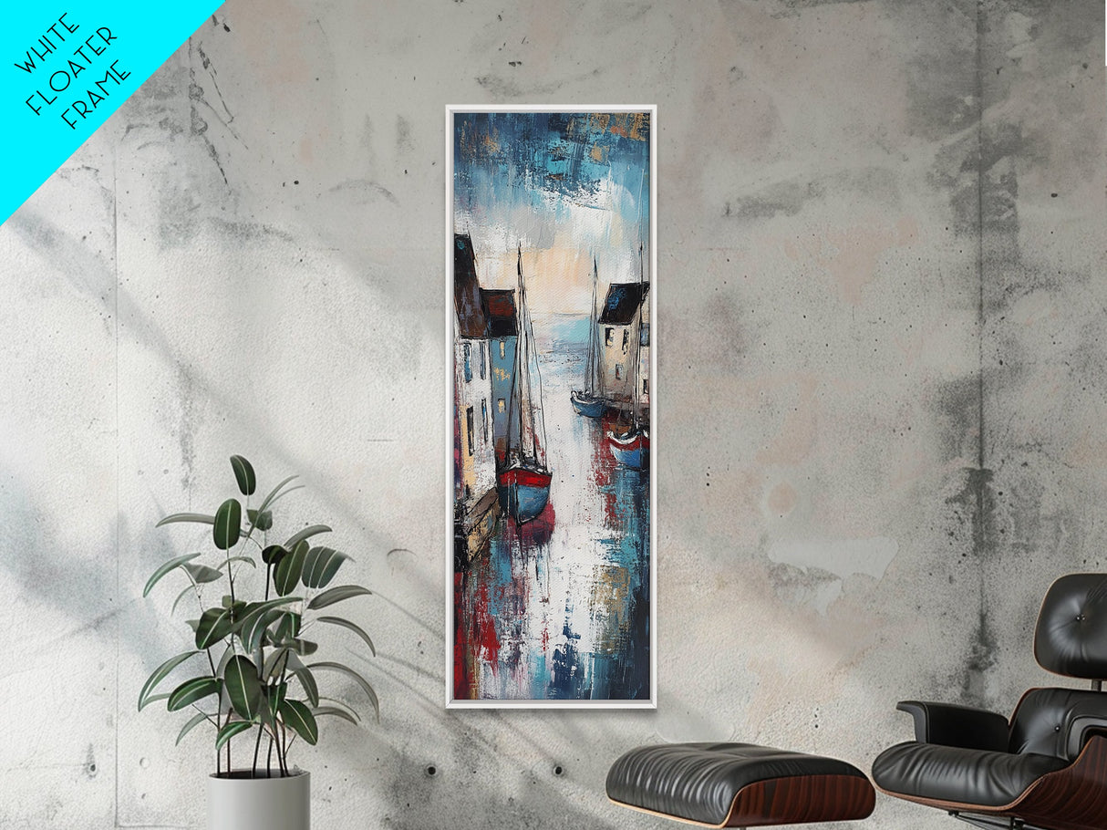 Seaside Village, sailboat painting, coastal wall art, blue and green wall art, above couch art, farmhouse art, Framed Canvas Print