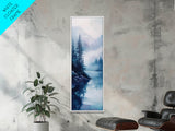 Foggy River, landscape painting, lake Tahoe art, blue and green wall art, pine tree art, zen wall art, Framed Canvas Print, bedroom art