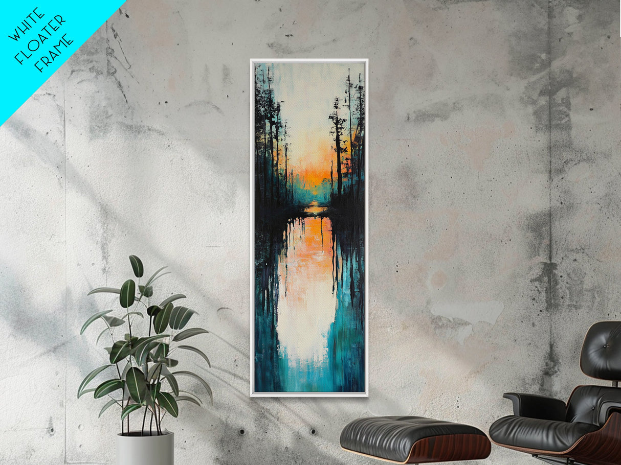 Sunset Reflection, coastal painting, pink orange wall art, lake Tahoe art farmhouse art, Framed Canvas Print, panoramic art
