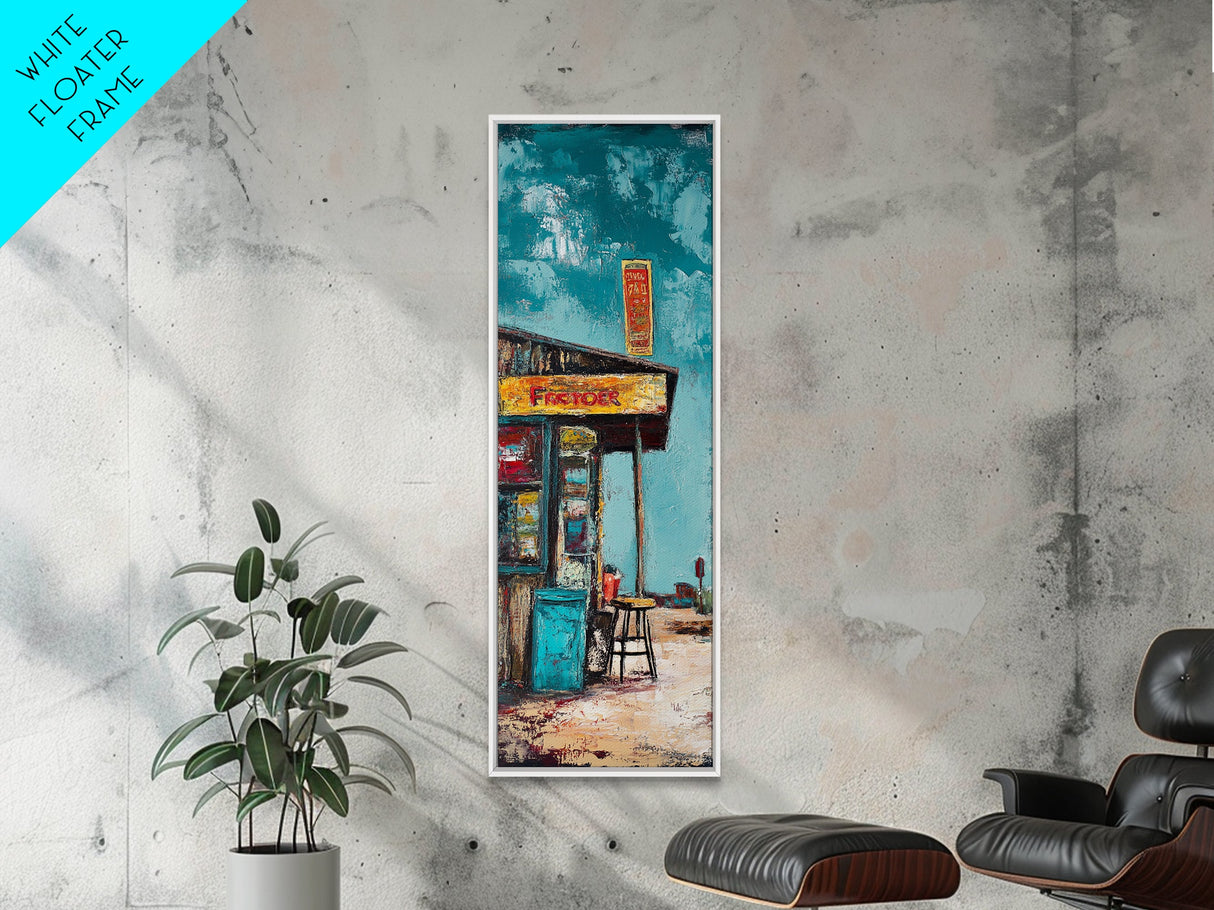 Rustic Gas Station, chicano art, guest check wall art, graffiti wall art, vintage folk art, Framed Canvas Print, tall skinny art