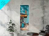 Rustic Gas Station, chicano art, guest check wall art, graffiti wall art, vintage folk art, Framed Canvas Print, tall skinny art
