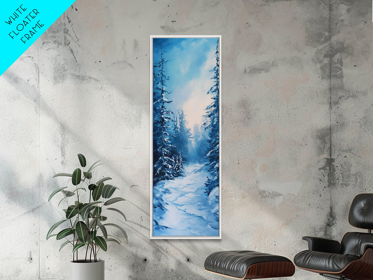 Winter Path, snowy pine tree art, moody art, Christmas wall art, wabi sabi art, landscape painting, Framed Canvas Print