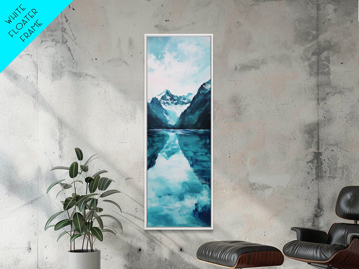 Glacier Lake, mountain painting, blue and green wall art, smoky mountain art, minimalist art, vertical wall art, Canvas Print