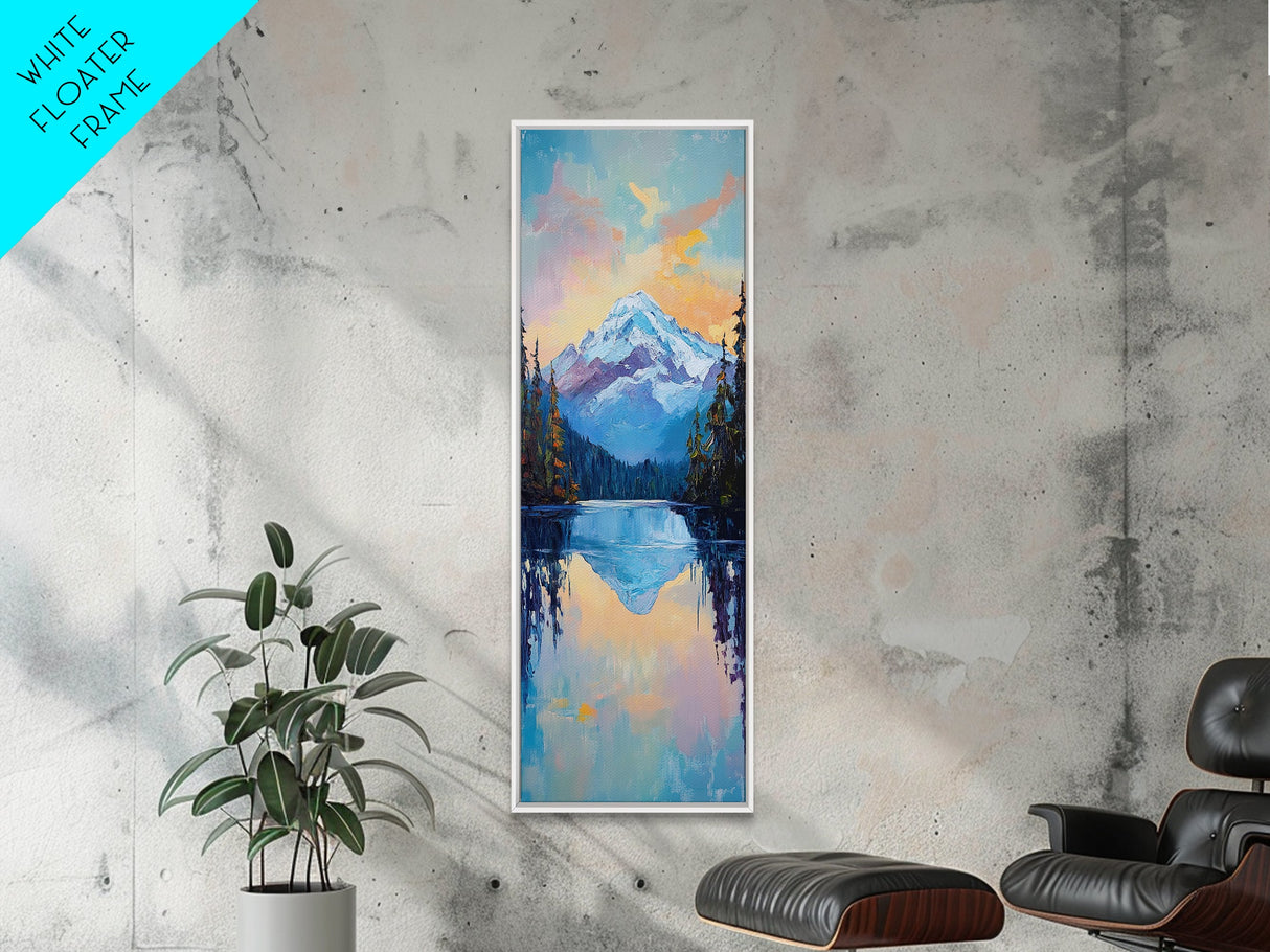 Sunset Mountain, lake Tahoe art, pine tree art, mountain painting, rustic wall art, above couch art, Framed Canvas Print