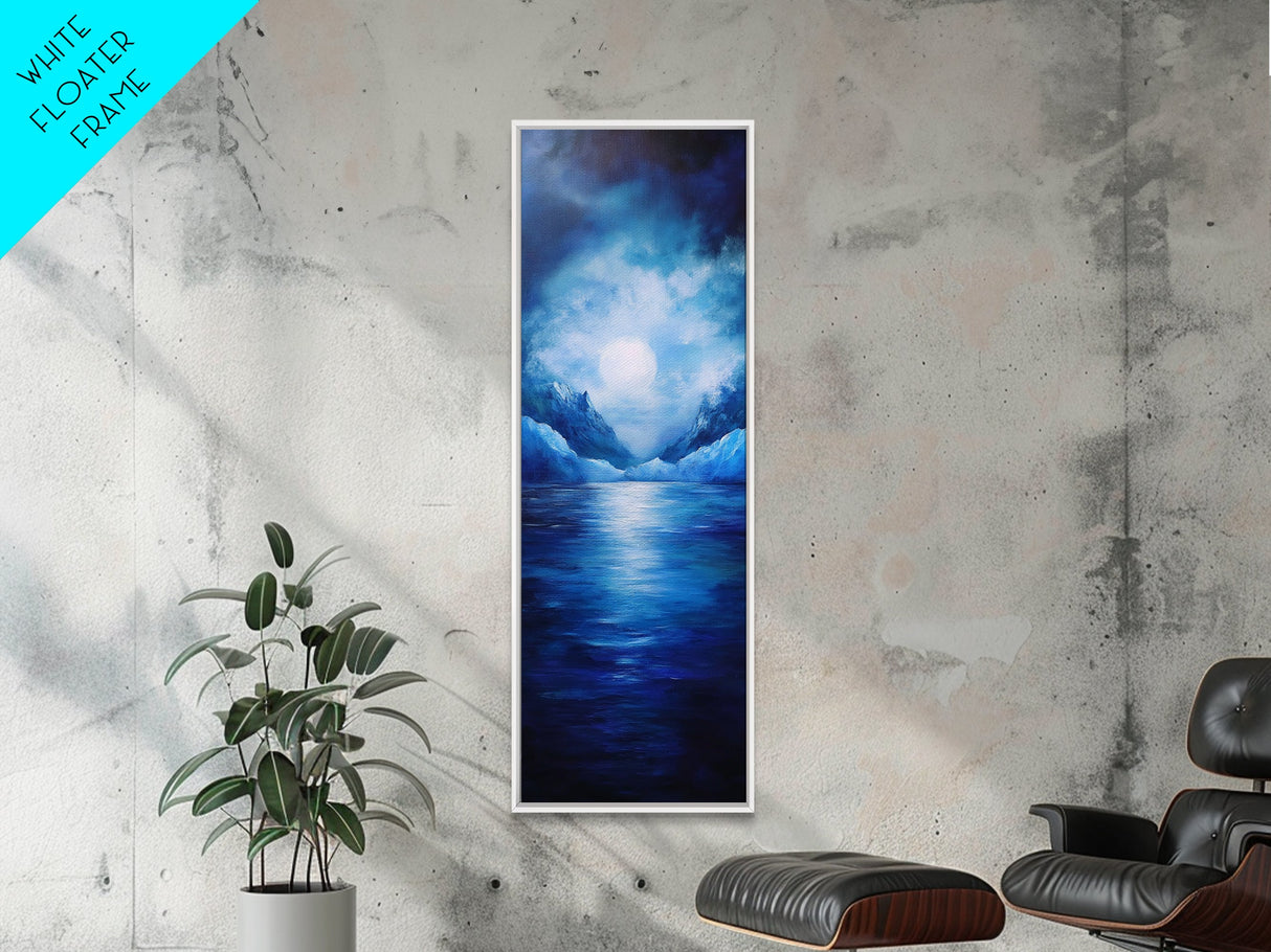 Moonlit Lake, Mountain Painting, Moody Art, Coastal Landscape, Nautical Wall Art, Christmas, Framed Canvas Print