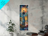 Lighthouse Glow, Moody Seascape, Nautical Painting, Coastal Decor, Sunset Wall Art, Framed Canvas Print, Bedroom Art