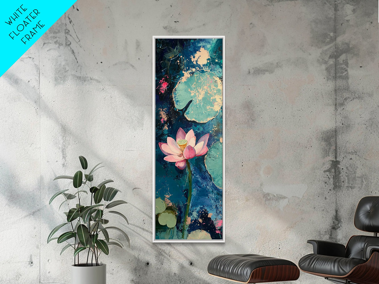 Lotus flower, teal wall art, botanical prints, wildflower painting, moody art, vertical wall art, canvas print, living room art