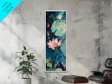 Lotus flower, teal wall art, botanical prints, wildflower painting, moody art, vertical wall art, canvas print, living room art