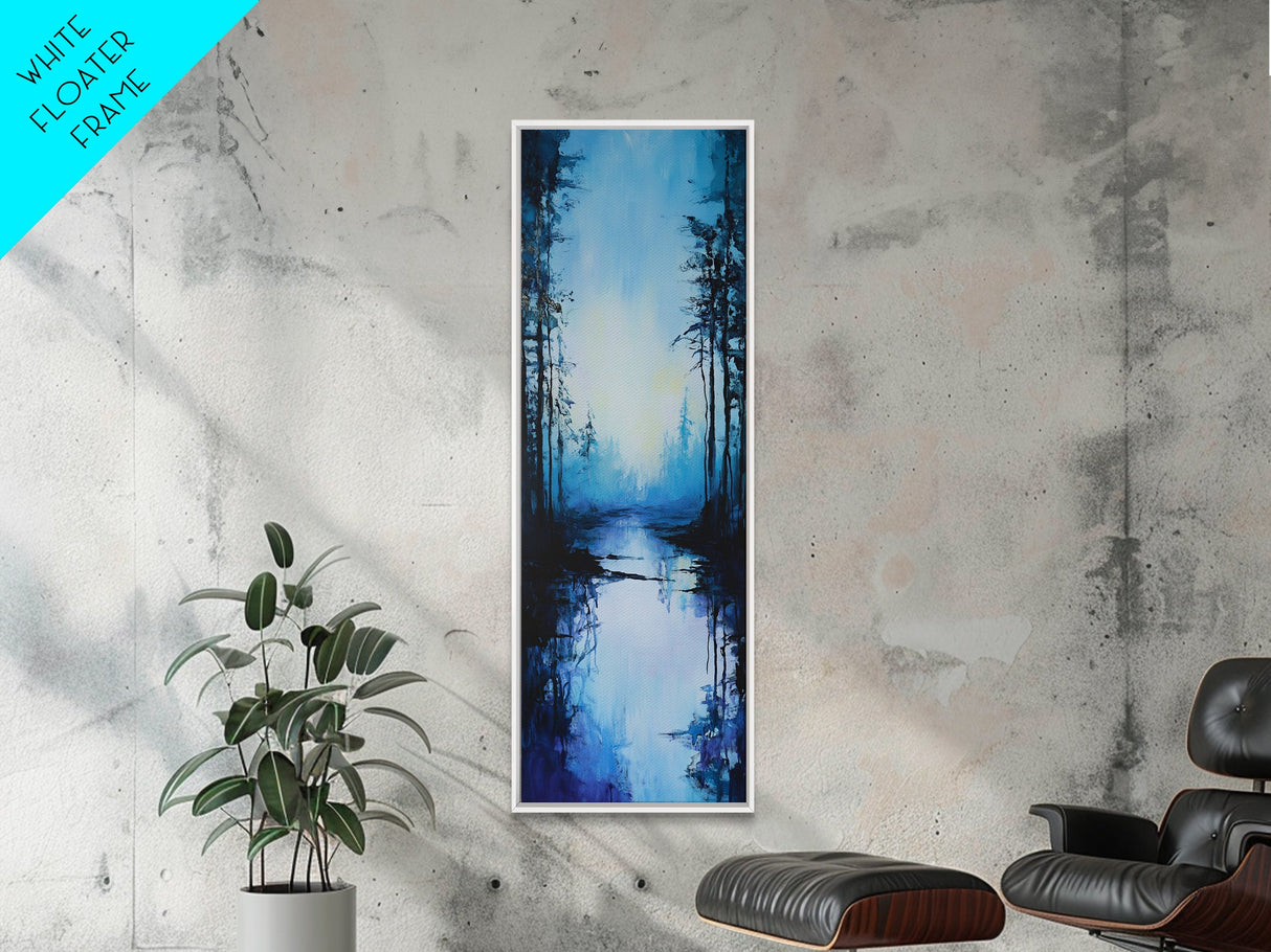 Misty Lake, Dark Forest, Moody Art, Landscape Painting, Minimalist Art, Blue and Green Wall Art, Framed Canvas Print, Vertical Wall Art