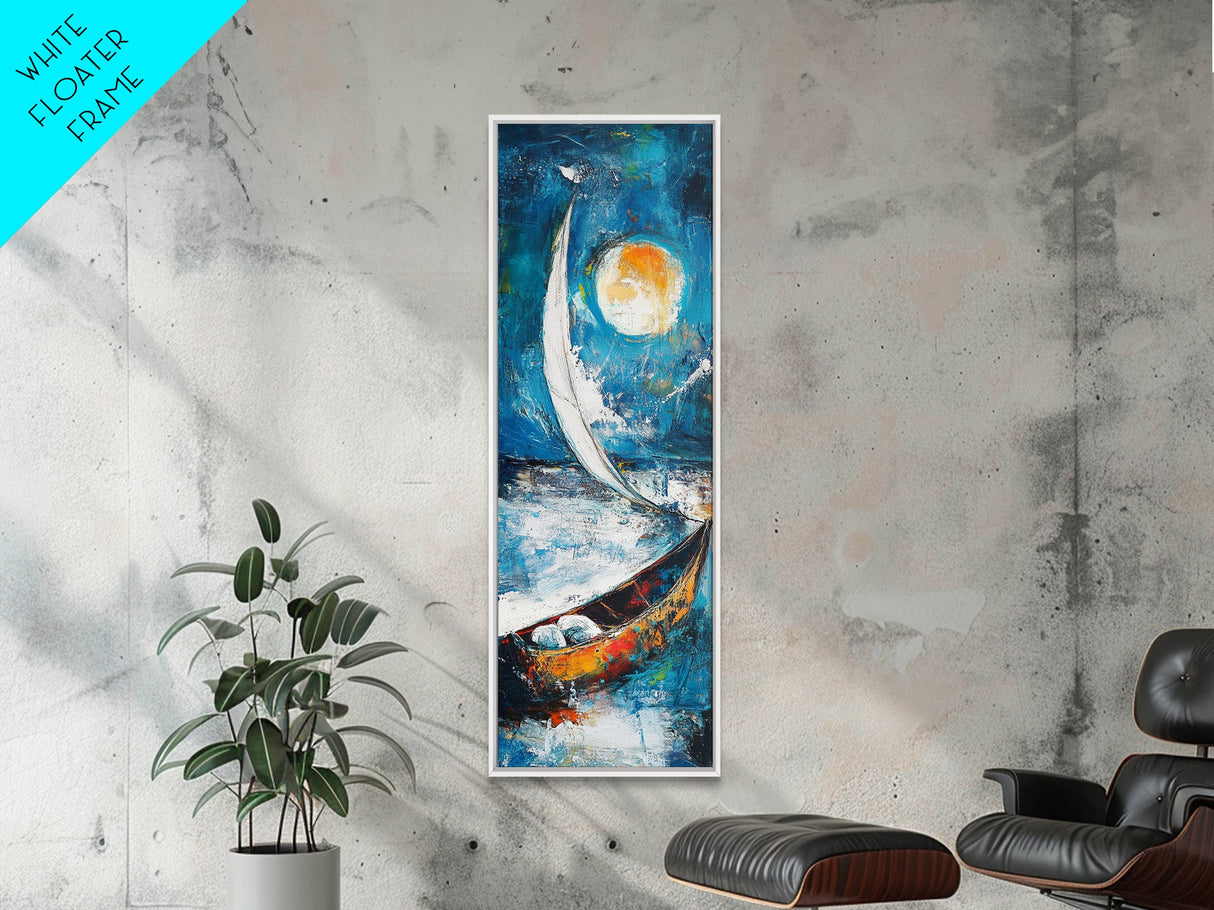 Sailboat, Moonlit Ocean, Nautical Wall Art, Coastal Landscape Art, Seascape Painting, Framed Canvas Print, Above Couch Art