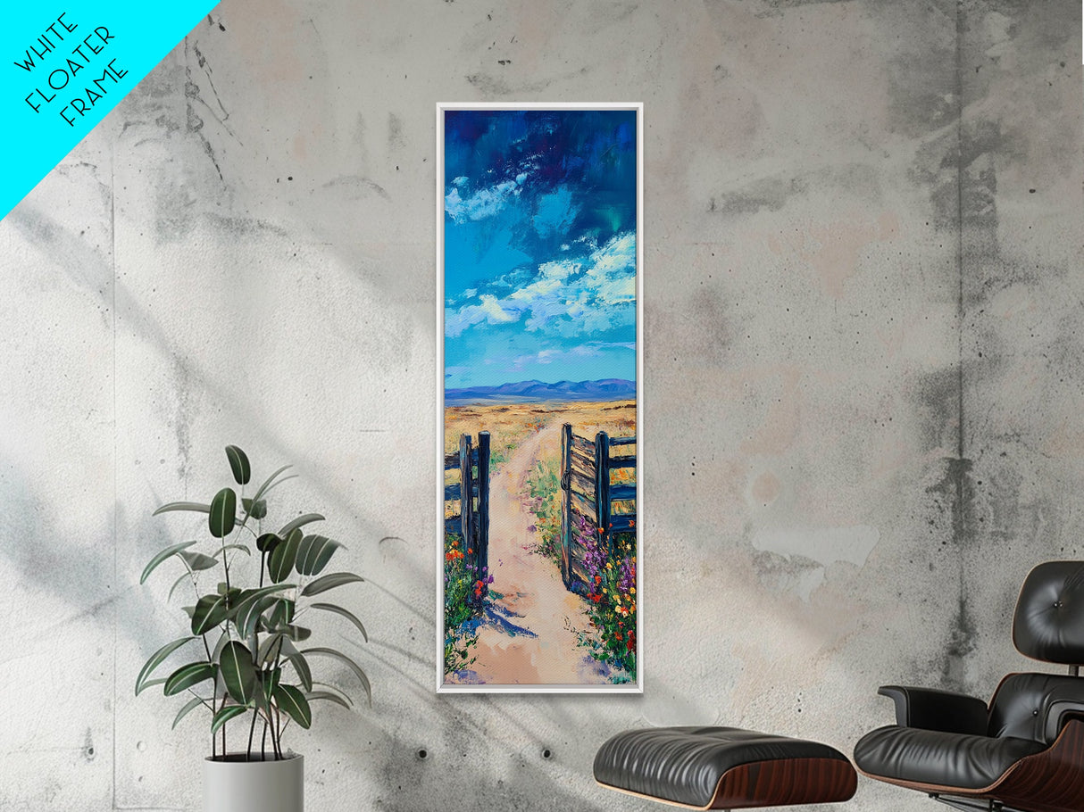 Open Gate, Rustic Art, Vintage Landscape, Country Path Painting, Moody Art, Extra Wide Art, Horizontal Wall Art, Canvas Print