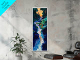 Sunset river, moody art, pine tree art, smoky mountain art, framed canvas print, vertical wall art, original painting