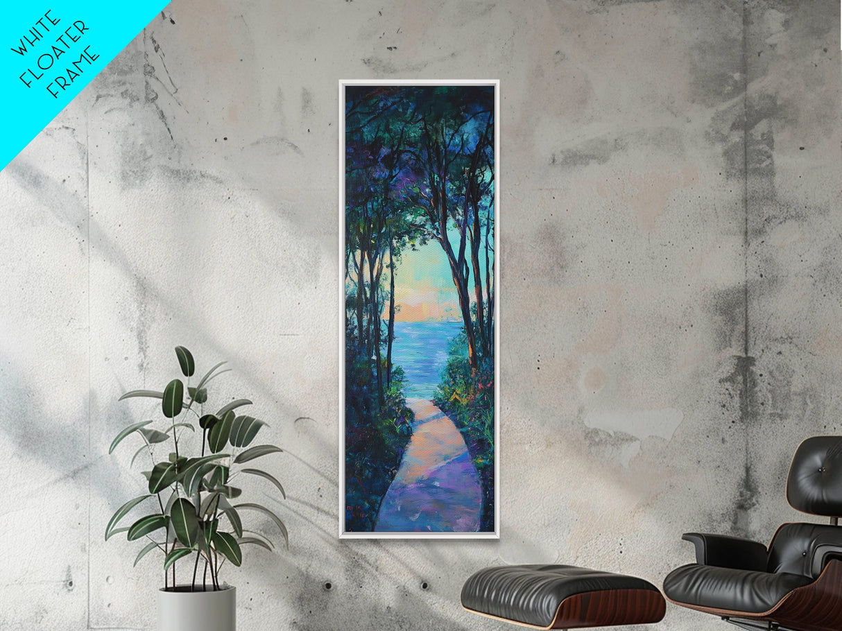 Sunset Pathway Art, Coastal Painting, Wabi Sabi Art, Above Bed Wall Art, Seascape Painting, Framed Canvas Print, Nautical Decor