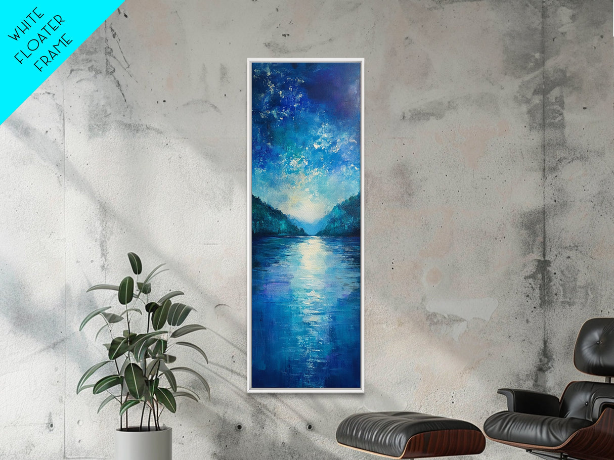 Lake Reflection Art, Moody Landscape, Blue and Green Wall Art, Minimalist Art, Above Sofa Art, Framed Canvas Print