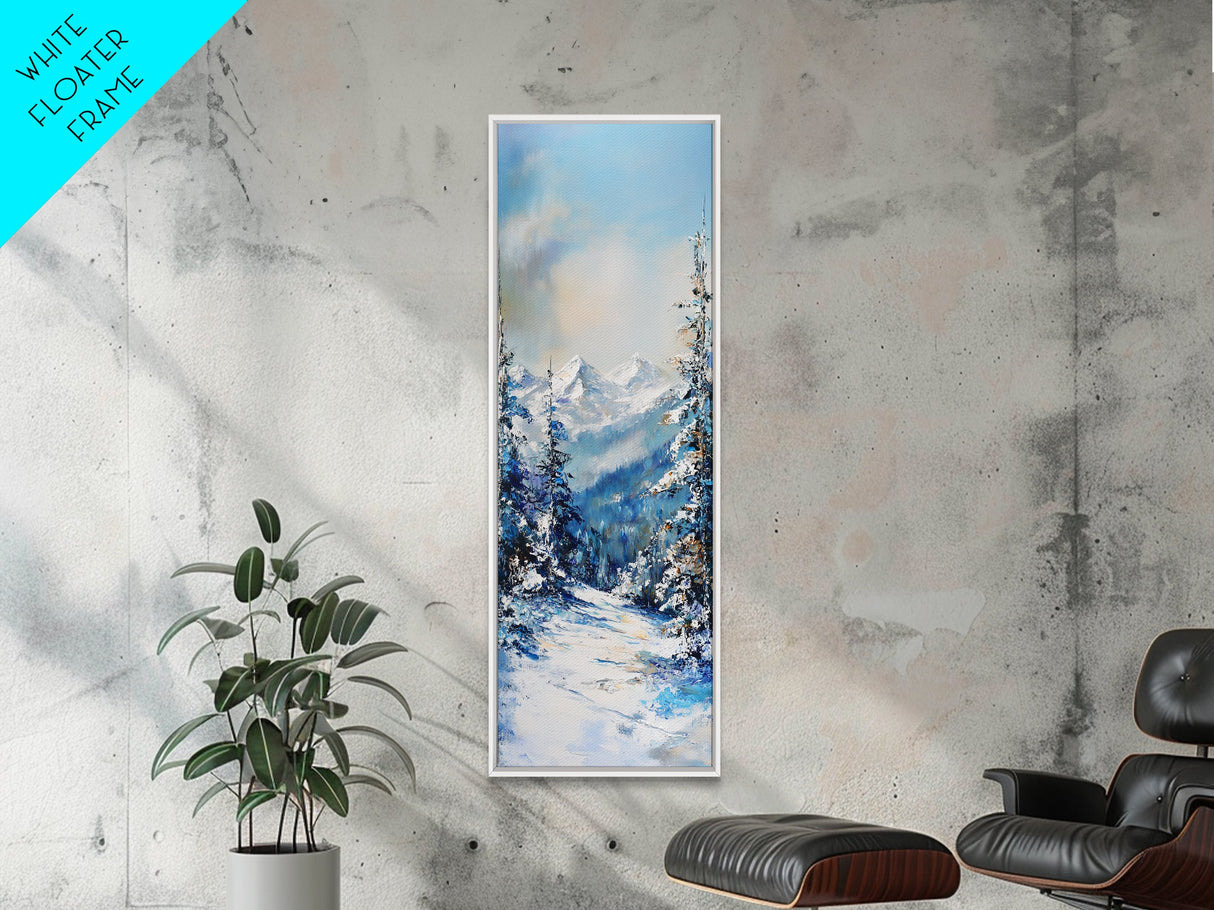 Snowy Mountain Path, winter landscape painting, mountain painting, pine tree art, rustic wall art, framed canvas print