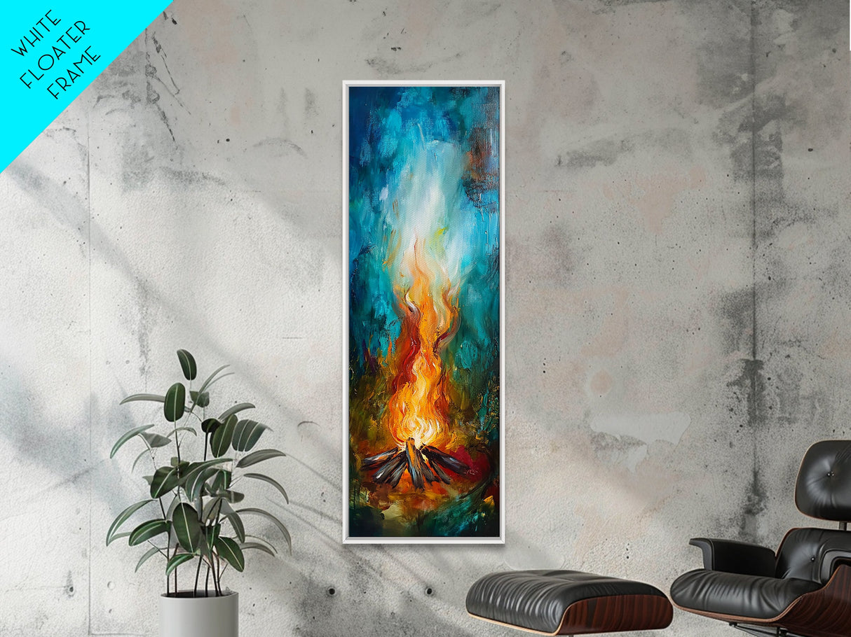 Cozy Campfire, rustic decor, autumn painting, moody art, forest at dusk painting, wabi sabi art, framed canvas print, vertical wall art
