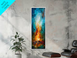 Cozy Campfire, rustic decor, autumn painting, moody art, forest at dusk painting, wabi sabi art, framed canvas print, vertical wall art