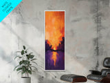 Fiery Sunset Reflection, mountain painting, moody art, forest at dusk painting, pine tree art, framed canvas print, vertical wall art