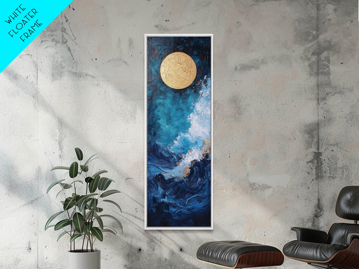 Golden Moon, crashing waves, nautical painting, moody art, coastal wall art, wabi sabi art, framed canvas print, ocean painting
