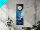 Golden Moon, crashing waves, nautical painting, moody art, coastal wall art, wabi sabi art, framed canvas print, ocean painting