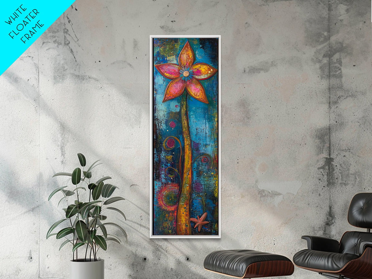 Vibrant Flower, botanical prints, pink orange wall art, boho art, whimsical art, tall narrow art, framed canvas print