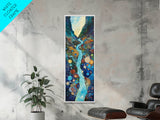 Abstract River, mosaic wall art, blue and green wall art, geometric wall art, whimsical art, framed canvas print, tall narrow art