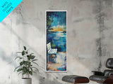 Lakeside Bench, moody art, landscape painting, coastal wall art, rustic decor, farmhouse art, framed canvas print, vertical wall art