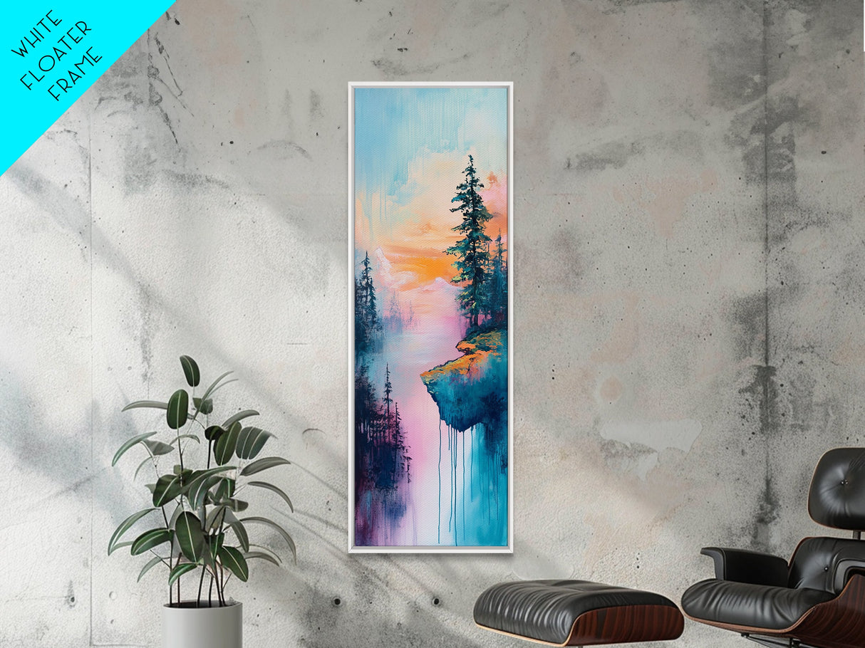 Dreamy Landscape, Pine Tree Art, Mountain Painting, Blue and Green Wall Art, Tall Skinny Art, Framed Canvas Print, Rustic Wall Art